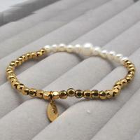 Titanium Steel Bracelet, with Plastic Pearl, Vacuum Ion Plating, for woman Approx 8.66 Inch 
