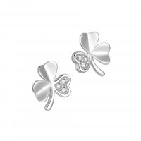 Sterling Silver Stud Earring, 925 Sterling Silver, Three Leaf Clover, plated, for woman & with rhinestone 