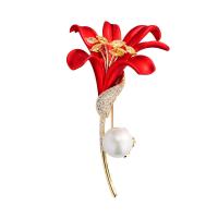 Cubic Zirconia Brooch, Brass, with Plastic Pearl, Lily, real gold plated, fashion jewelry & micro pave cubic zirconia & for woman & enamel 