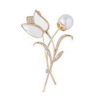 Brass Brooch, with Shell & Plastic Pearl, Tulip, fashion jewelry & micro pave cubic zirconia & for woman 