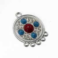 Zinc Alloy Charm Connector, with Synthetic Turquoise, Flat Round, antique silver color plated, vintage & DIY & 1/5 loop, silver color 