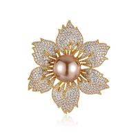 Zinc Alloy Jewelry Brooch, with Plastic Pearl, Flower, gold color plated, for woman & with rhinestone 45mm 