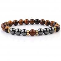 Tiger Eye Stone Bracelets, with Non Magnetic Hematite & Zinc Alloy, Round, gold color plated, elastic & Unisex, 8mm .5 Inch 