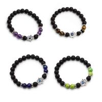 Gemstone Bracelets, Lava, with Gemstone & Zinc Alloy, Evil Eye, silver color plated, elastic & Unisex .5 Inch 