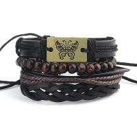 Cowhide Bracelets, with Wood & Zinc Alloy, with 8-9cm*2 extender chain, Butterfly, antique gold color plated, 4 pieces & fashion jewelry, black cm 