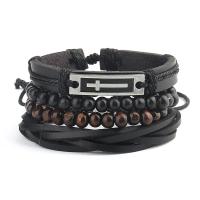 Cowhide Bracelets, with Wood & Zinc Alloy, with 8-9cm*2 extender chain, Cross, silver color plated, 4 pieces & fashion jewelry, black cm 