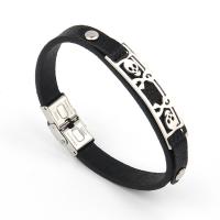 PU Leather Cord Bracelets, with 304 Stainless Steel, Skull, silver color plated, fashion jewelry & for man, black, 10mm cm 