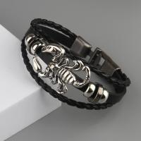 PU Leather Cord Bracelets, with Zinc Alloy, Scorpion, antique silver color plated, fashion jewelry & multilayer & for man, black cm 
