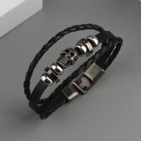 PU Leather Cord Bracelets, with Zinc Alloy, Skull, antique silver color plated, fashion jewelry & multilayer & for man, black cm 