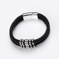 PU Leather Cord Bracelets, with 316L Stainless Steel, silver color plated, Double Layer & fashion jewelry & for man, black, 12mm cm 