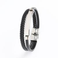 PU Leather Cord Bracelets, with 316 Stainless Steel, silver color plated, fashion jewelry & for man, black, 10mm cm 