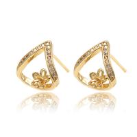 Brass Earring Stud Component, gold color plated & micro pave cubic zirconia 