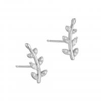 Sterling Silver Stud Earring, 925 Sterling Silver, Leaf, plated, for woman & with rhinestone 