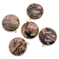 Rhodonite Pendants, Brass, with Rhodochrosite, Flat Round, Natural & DIY 
