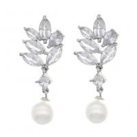 Cubic Zircon (CZ) Drop Earring, Cubic Zirconia, with Plastic Pearl & Zinc Alloy, silver color plated, for woman 