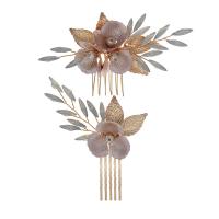 Decorative Hair Combs, Iron, with brass wire & Rhinestone & Plastic Pearl, gold color plated, 2 pieces & for woman, golden 