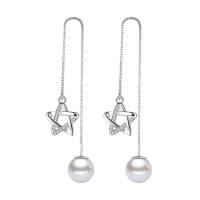 Brass Thread Through Earrings, with ABS Plastic Pearl, platinum color plated, for woman & with rhinestone, 105mm 