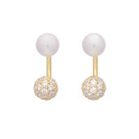 Rhinestone Brass Stud Earring, with Plastic Pearl, gold color plated, fashion jewelry & for woman & with rhinestone 