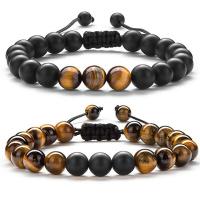 Gemstone Bracelets, Tiger Eye, with Abrazine Stone & Polyester Cord, Round, 2 pieces & Unisex mixed colors, 8mm Inch [