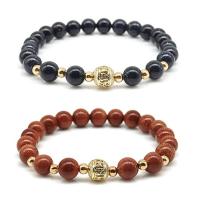 Gemstone Bracelets, Goldstone, with Blue Goldstone & Zinc Alloy, Round, gold color plated, elastic & Unisex 8mm 