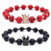 Gemstone Bracelets, Pinus koraiensis, with Black Stone & Brass, Crown, plated, Unisex & micro pave cubic zirconia 8mm .5 Inch 