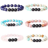 Gemstone Bracelets, with Zinc Alloy, Round, silver color plated, 6 pieces & elastic & Unisex, mixed colors, 8mm .5 Inch 