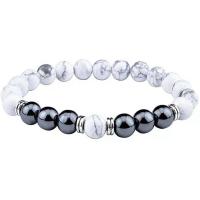 Gemstone Hematite Bracelets, Non Magnetic Hematite, with Howlite & Tiger Eye & Zinc Alloy, Round, silver color plated, elastic & Unisex 8mm .5 Inch 