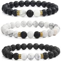 Gemstone Bracelets, Abrazine Stone, with Howlite & Lava & Rose Quartz & Zinc Alloy, Round, gold color plated, elastic & Unisex 8mm .5 Inch 