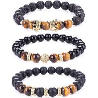 Gemstone Bracelets, Lava, with Abrazine Stone & Tiger Eye & Black Stone & Brass, gold color plated, elastic & Unisex & micro pave cubic zirconia, 8mm .5-8.6 Inch 