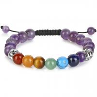 Gemstone Bracelets, with Polyester Cord & Zinc Alloy, Round, silver color plated, Unisex & adjustable, mixed colors, 8mm .5-8.5 Inch 