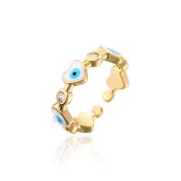 Brass Cuff Finger Ring, gold color plated, Adjustable & evil eye pattern & micro pave cubic zirconia & for woman & enamel 18mm 