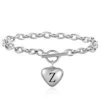 Stainless Steel Charm Bracelet, 304 Stainless Steel, Heart, oval chain & with letter pattern & for woman, original color Approx 7 Inch 