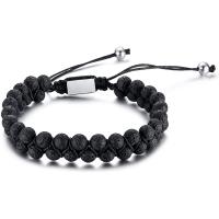 Lava Bead Bracelet, with Polyester Cord & 304 Stainless Steel, Round, Double Layer & adjustable & for man, black cm 