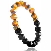 Gemstone Bracelets, Tiger Eye, with rhinestone zinc alloy spacer & Black Agate, Round, gold color plated, Unisex & faceted, mixed colors, 10mm .5 Inch 