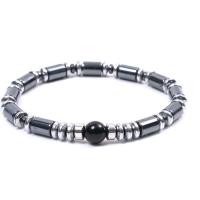 Gemstone Hematite Bracelets, Non Magnetic Hematite, with Black Stone & Zinc Alloy, silver color plated, elastic & Unisex .5 Inch 