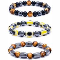 Gemstone Hematite Bracelets, Non Magnetic Hematite, with Tiger Eye & Black Stone & Resin, handmade, three pieces & elastic & Unisex, mixed colors .5 Inch 