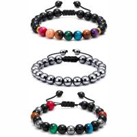 Gemstone Bracelets, Non Magnetic Hematite, with Polyester Cord & Tiger Eye & Black Stone & Zinc Alloy, Round, gold color plated, Unisex & adjustable 8mm .5 Inch 