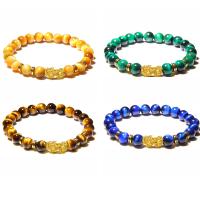Tiger Eye Stone Bracelets, with Brass, Fabulous Wild Beast, gold color plated, elastic & Unisex 8mm .5 Inch 