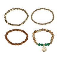 Gemstone Bracelets, Non Magnetic Hematite, with Map Stone & Green Aventurine & Wood & Zinc Alloy, Round, gold color plated, 4 pieces & Unisex, mixed colors .5 Inch 