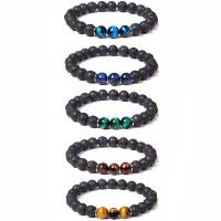 Gemstone Bracelets, Lava, with Tiger Eye & Zinc Alloy, Round, silver color plated, elastic & Unisex 8mm .5 Inch 