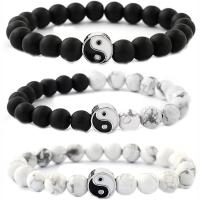 Gemstone Bracelets, Howlite, with Abrazine Stone & Zinc Alloy, Round, silver color plated, elastic & ying yang & Unisex & enamel 8mm .5 Inch 