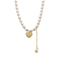 Natural Freshwater Pearl Necklace, Zinc Alloy, with Freshwater Pearl, with 2.36inch extender chain, Heart, gold color plated, fashion jewelry & for woman Approx 14.17 Inch 