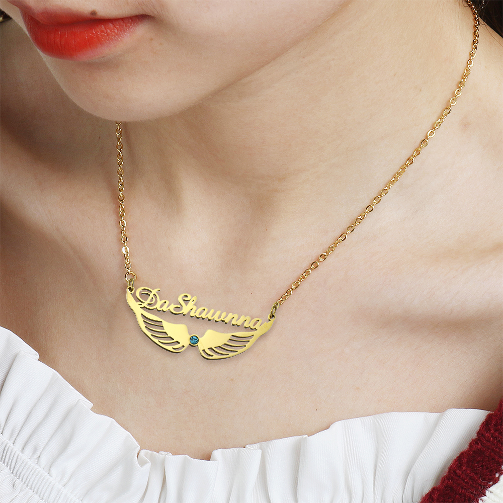 Stainless Steel Jewelry Necklace, 304 Stainless Steel, with 1.97inch extender chain, Wing Shape, Vacuum Ion Plating, Each custom text must be less than 10 letters & fashion jewelry & for woman & with rhinestone, golden, 50x28mm, Length:Approx 17.72 Inch, Sold By PC
