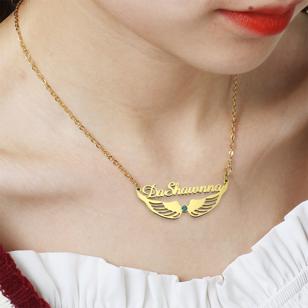 Stainless Steel Jewelry Necklace, 304 Stainless Steel, with 1.97inch extender chain, Wing Shape, Vacuum Ion Plating, Each custom text must be less than 10 letters & fashion jewelry & for woman & with rhinestone, golden, 50x28mm, Length:Approx 17.72 Inch, Sold By PC