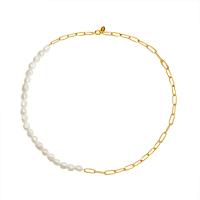 Natural Freshwater Pearl Necklace, Titanium Steel, with Freshwater Pearl, Round, 18K gold plated, fashion jewelry & for woman, golden, 4mm,5mm Approx 42 cm 