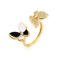 Brass Cuff Finger Ring, Butterfly, gold color plated, Adjustable & micro pave cubic zirconia & for woman & enamel 