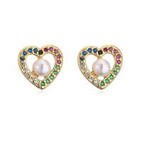 Cubic Zirconia Micro Pave Brass Earring, Heart, gold color plated, micro pave cubic zirconia & for woman & with plastic pearl, multi-colored 