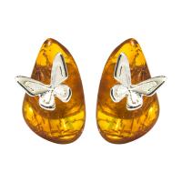 Sterling Silver Stud Earring, 925 Sterling Silver, with Amber, Butterfly, for woman, silver color 