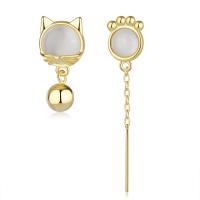 Asymmetric Earrings, Brass, with Cats Eye, gold color plated, for woman, 10*20mm,9*41mm 