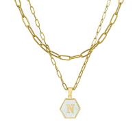 Stainless Steel Jewelry Necklace, 304 Stainless Steel, with White Shell, with 2inch extender chain, Hexagon, 18K gold plated, Double Layer & for woman, golden Approx 14 Inch, Approx 18 Inch 